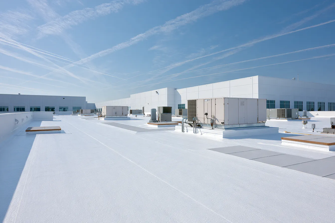 HVAC units clustered on a wide white flat roof next to a long building