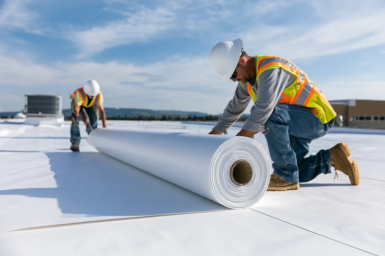 Two roofers in hi-vis vests unrolling white membrane on a commercial roof