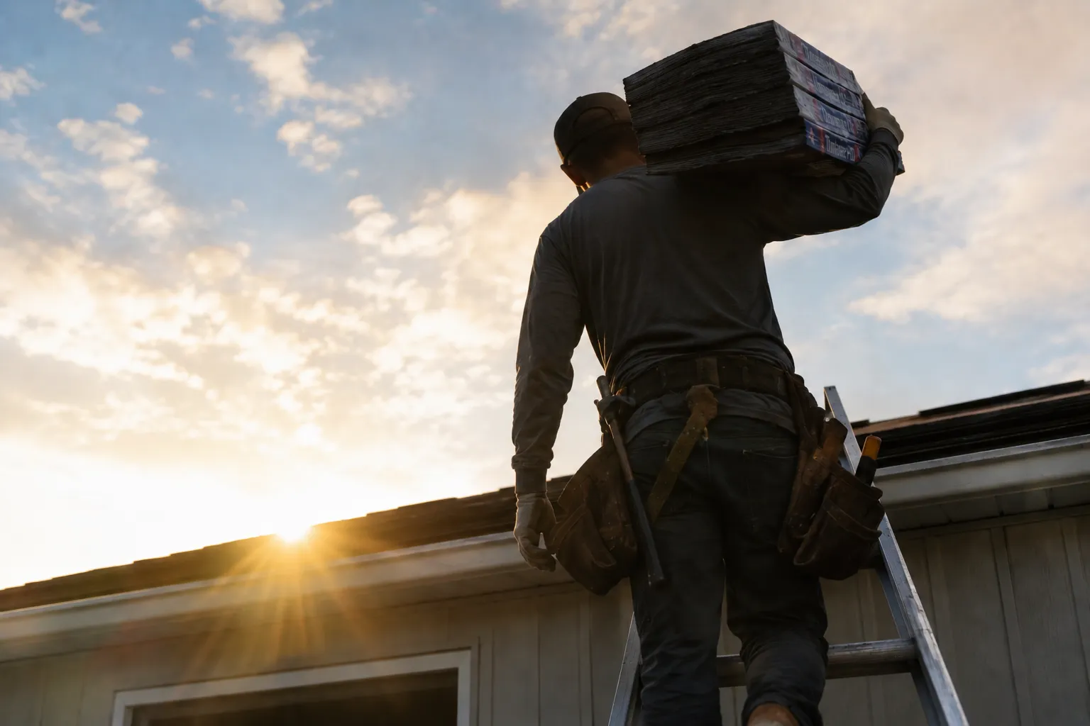 Roofer carrying a shingle bundle up a ladder