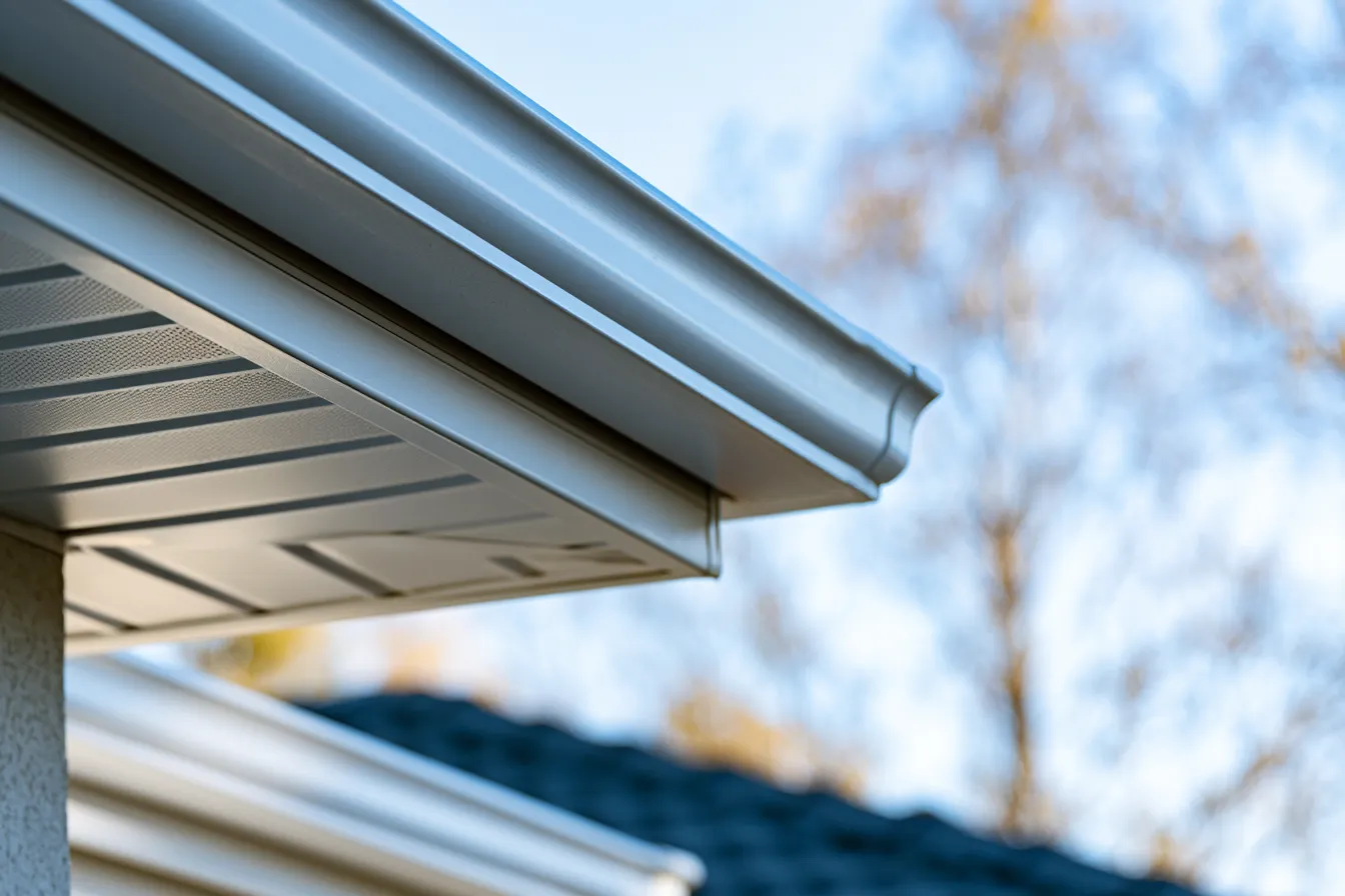 Roof corner shown up close with seamless gutter and soffit