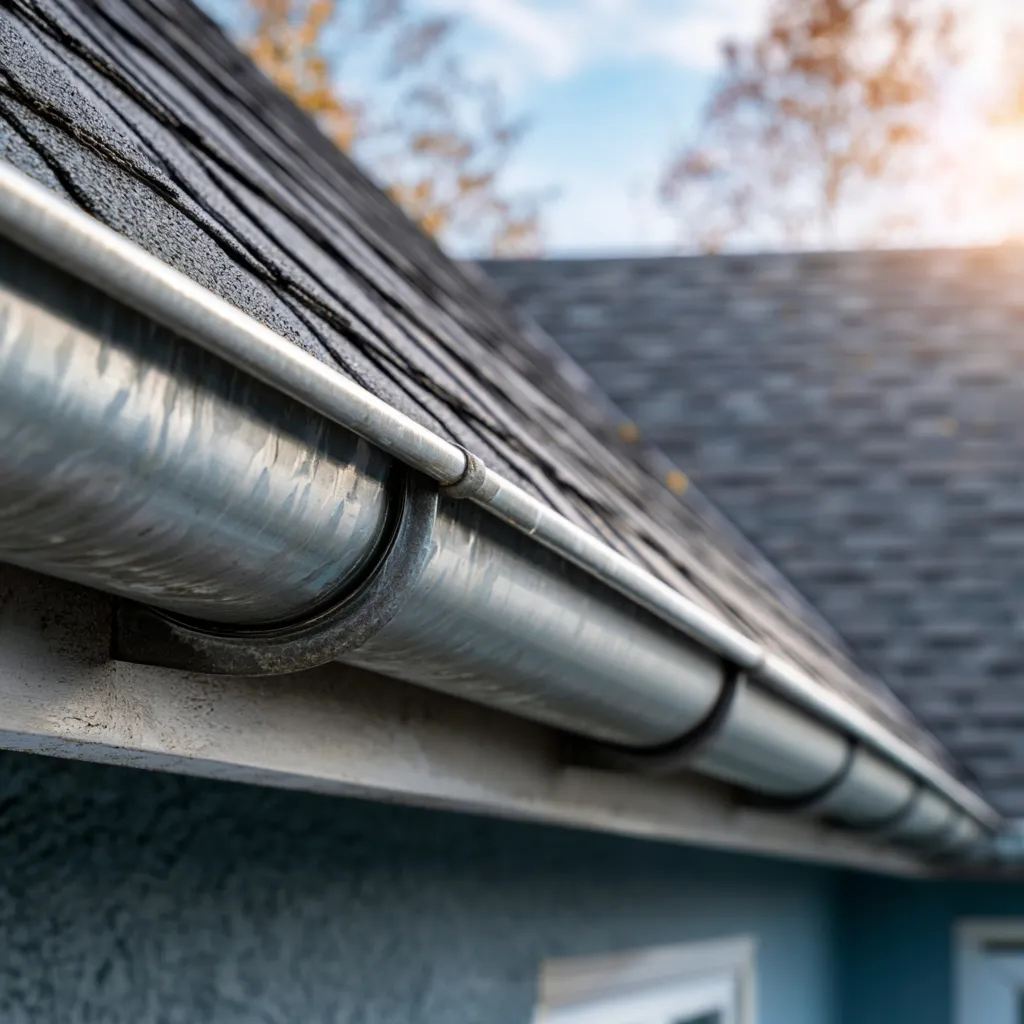 Galvanized half round gutter fixed along a shingle roof eave