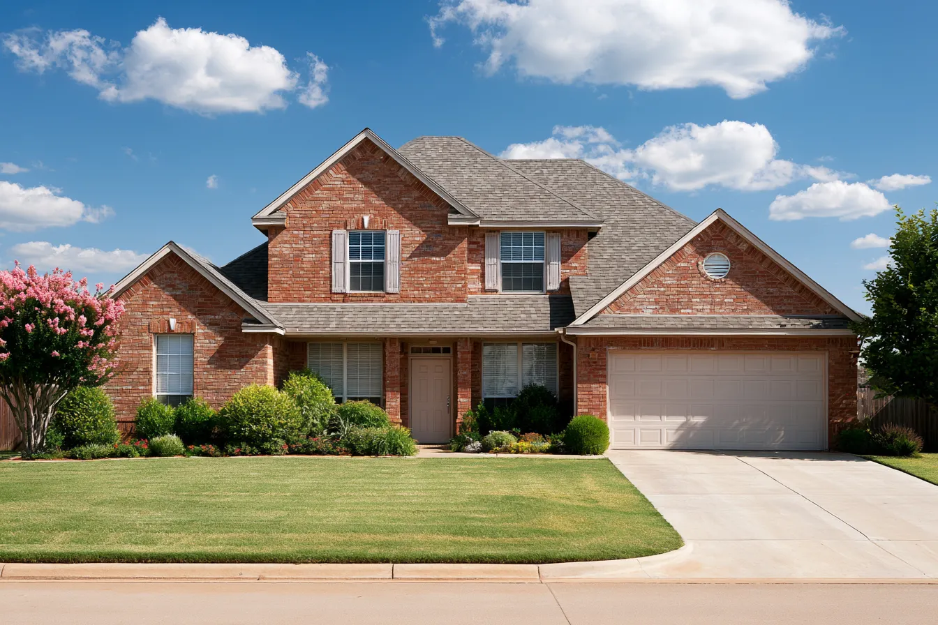 Red brick two-story house topped with a gray architectural shingle roof