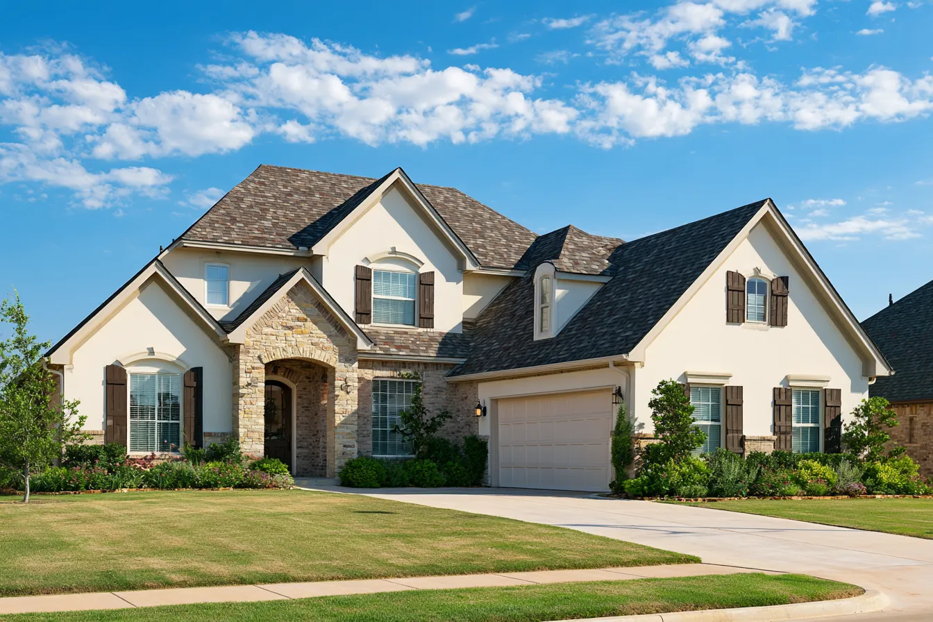 Cream stucco and stone home with a blended brown shingle roof