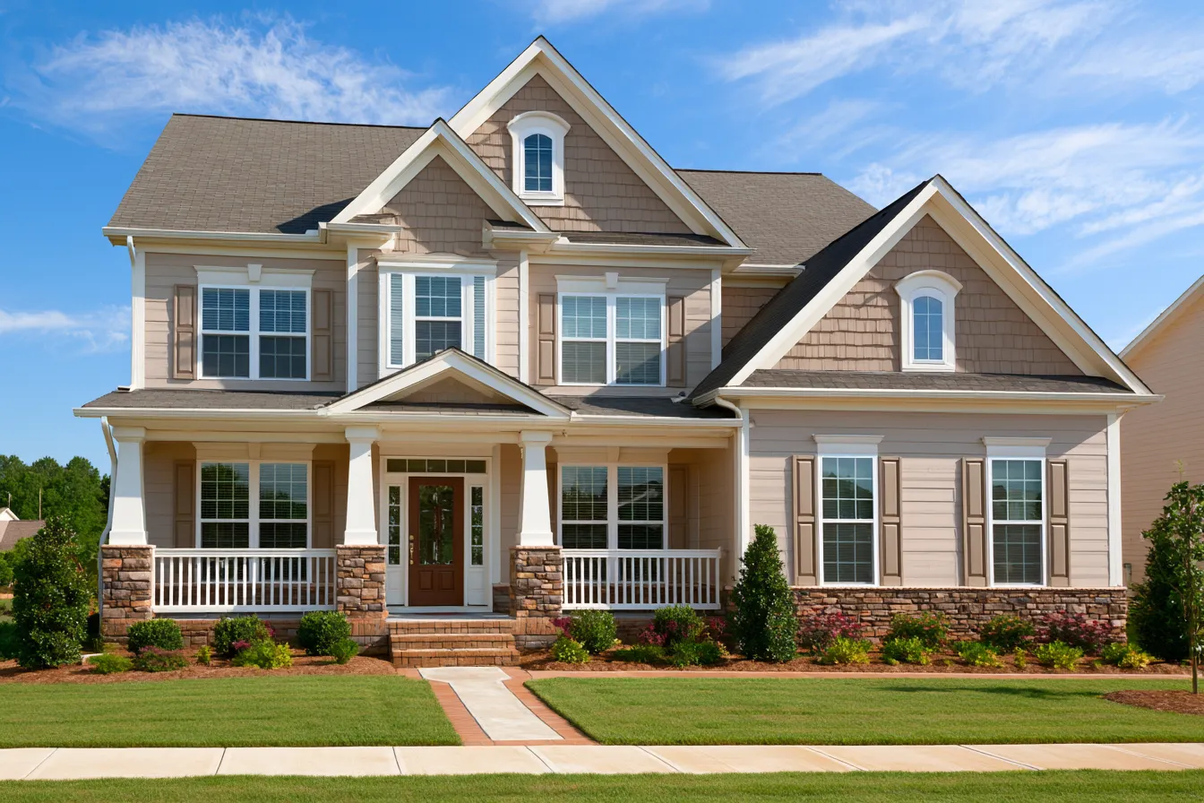 Brown shingle roof over a tan two-story home with stone porch columns