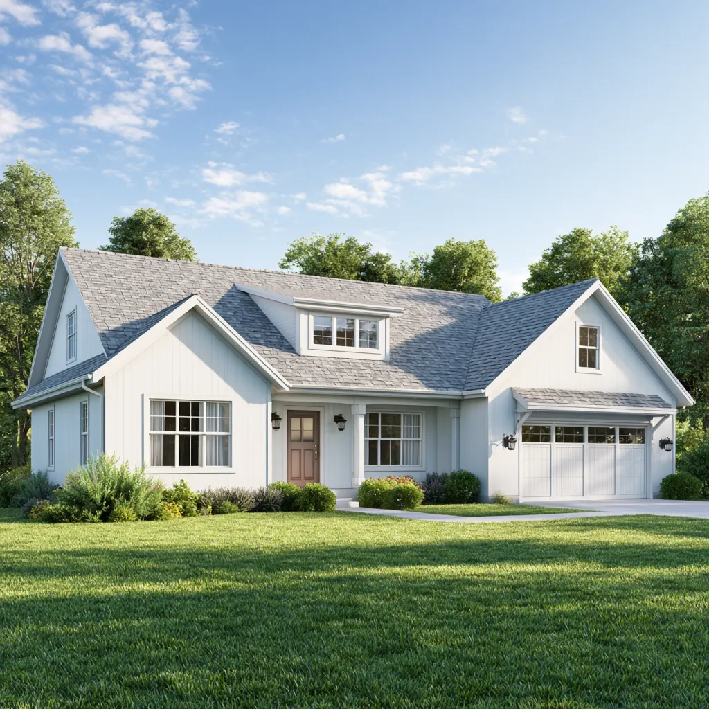 Farmhouse style white home beneath a light gray asphalt shingle roof