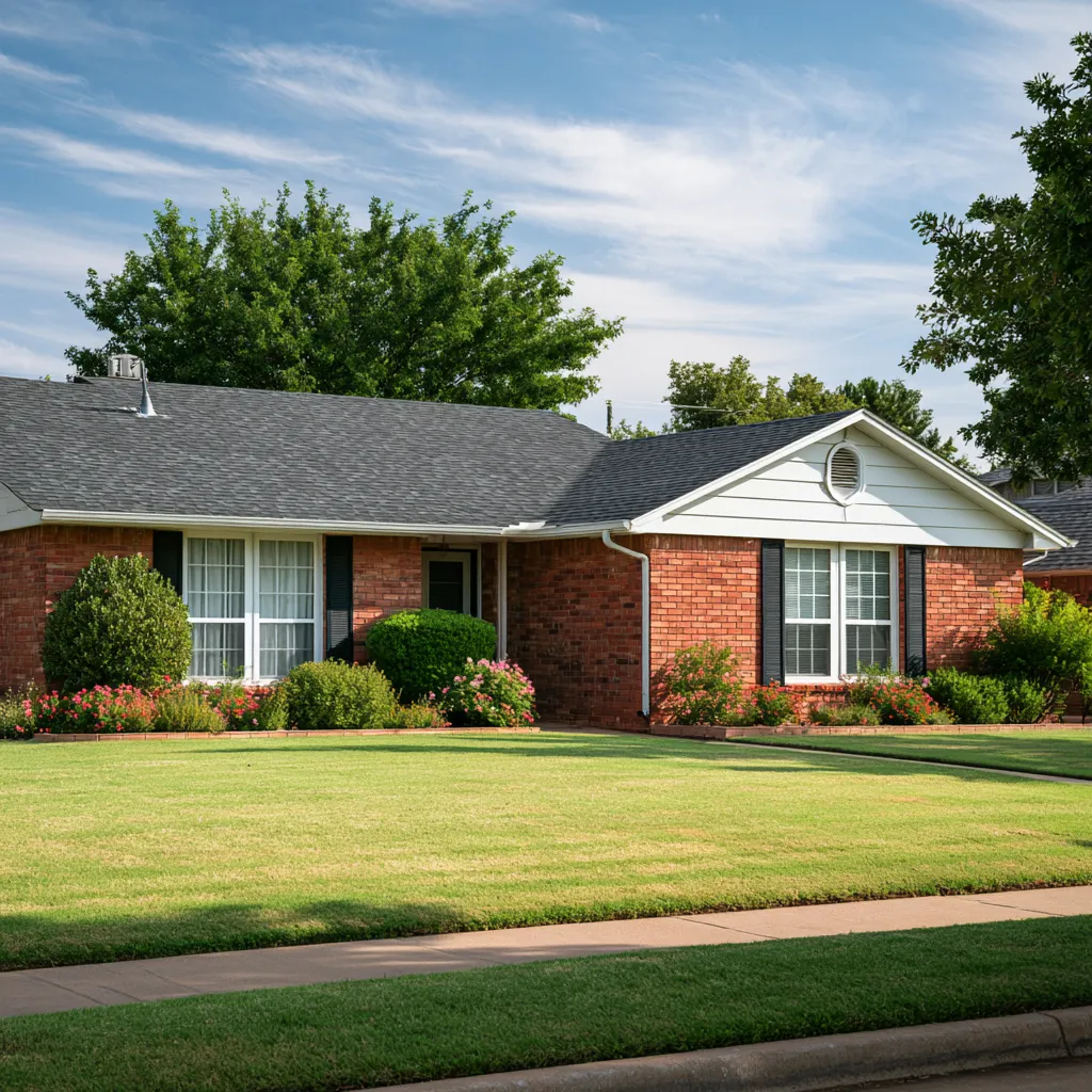 Dark gray shingle roof on a red brick ranch with black shutters