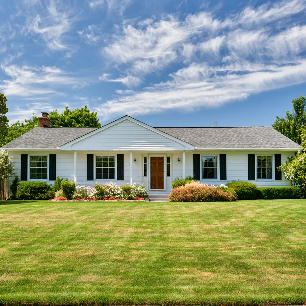 Black shuttered white ranch house under a gray asphalt shingle roof