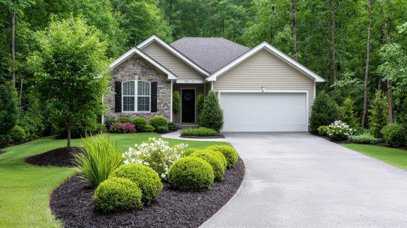 Stone and siding home with gray shingle roof and lush landscaping