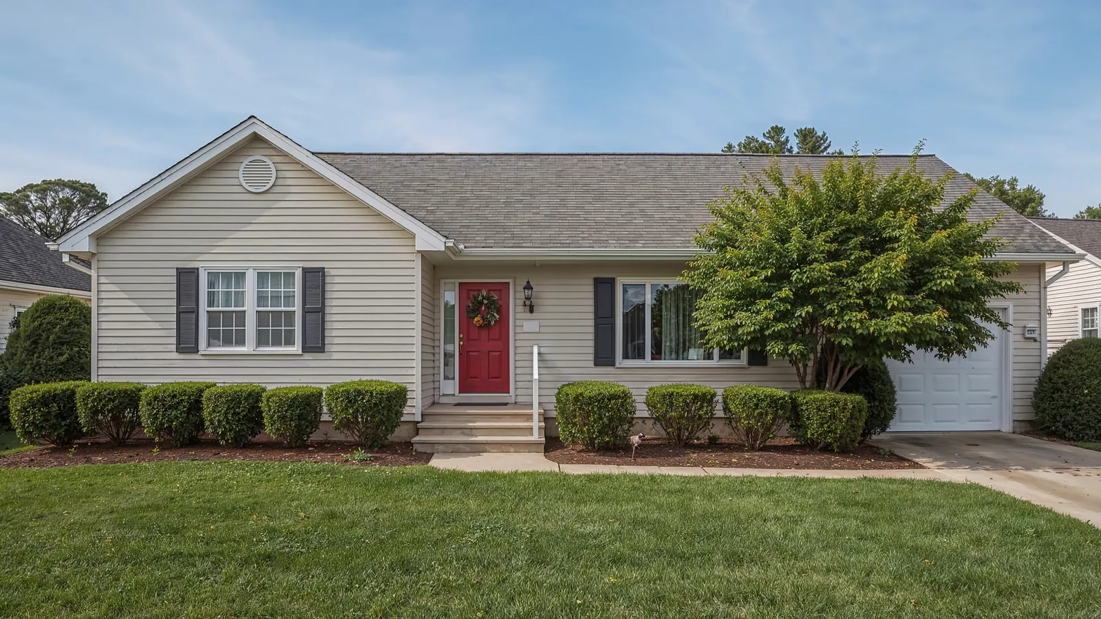 Gray shingle roof and red front door on a tan ranch house
