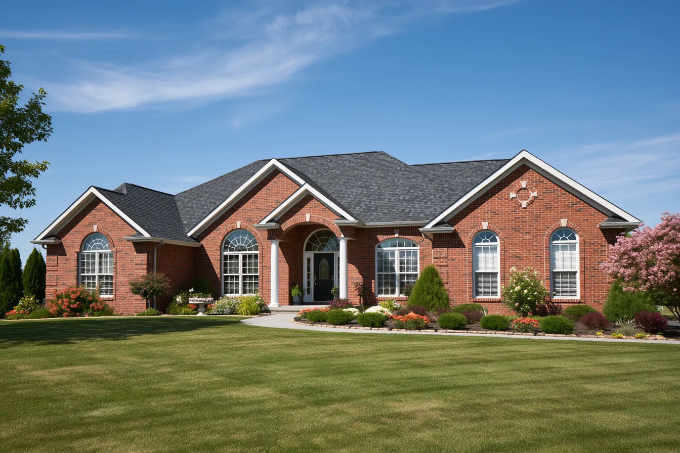 Under a blue sky a multi-gabled brick ranch home shows a dark gray shingle roof