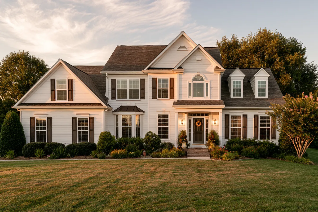 Brown shutters and a brown shingle roof accent this two-story white home at sunset