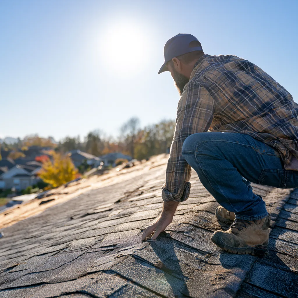 An inspector examining shingle condition by hand on a sunlit roof