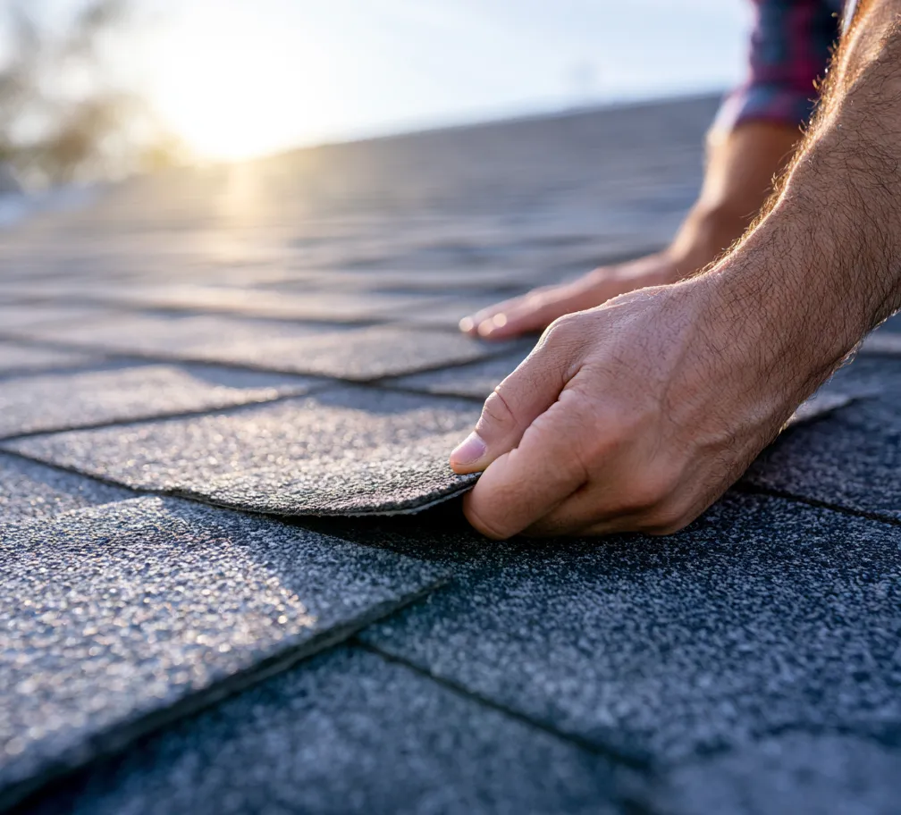 A roofer lifting a shingle tab to check underneath