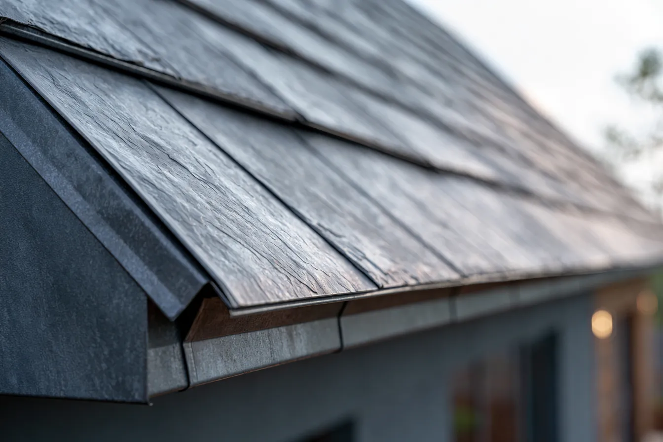 Gray metal shingle profile panels along a roof edge