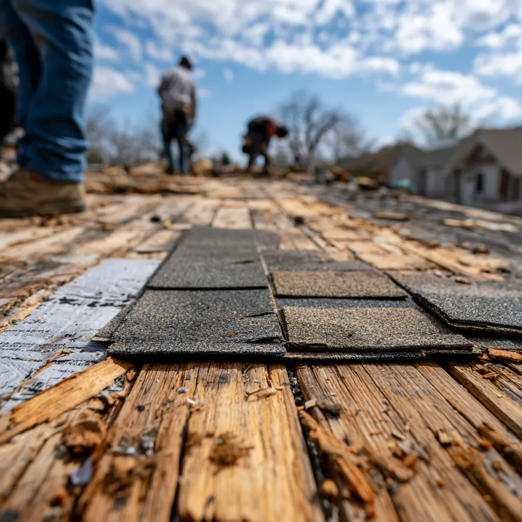 Tear-off revealing old plank roof decking with roofers in the distance