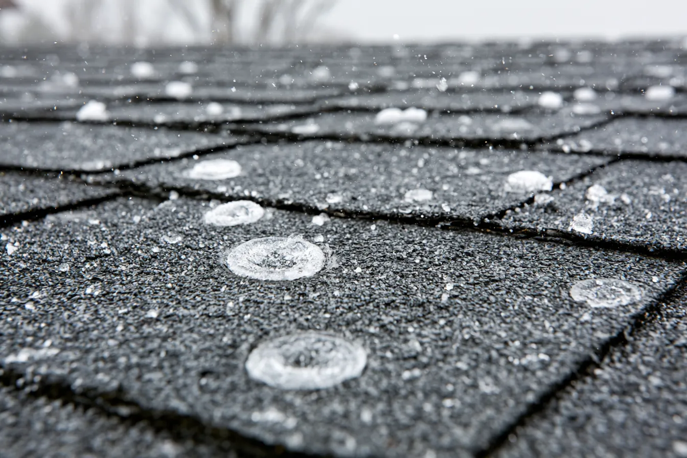 Close-up of asphalt shingles pitted with round hail impact marks