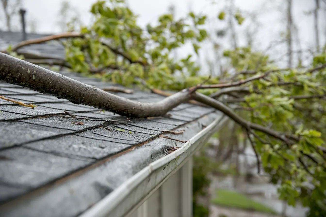 Across a roof edge and gutter a fallen tree limb comes to rest
